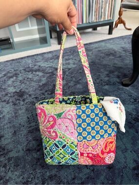 Vera Bradley Lil Patchwork Mini Quilted Tote Bag & Vintage Hanky Set